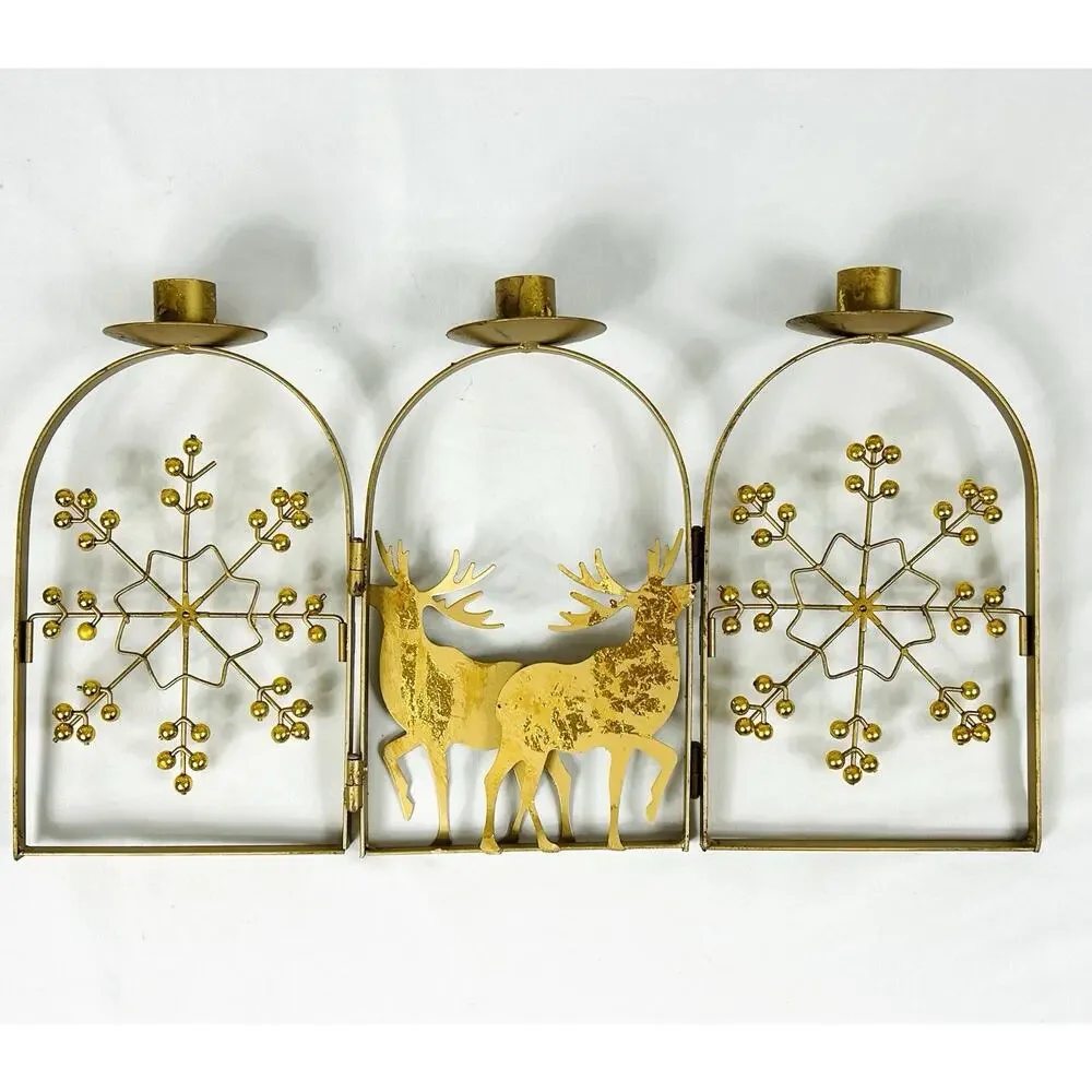 Gold Metal 3 Taper Candle Holder Reindeer Deer Snowflake Winter Holiday Decor